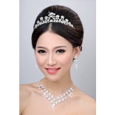 New Style Alloy Clear Crystals Flower Wedding Headpieces Necklaces Earrings Set