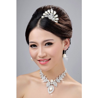 New Style Alloy Clear Crystals Pearl Wedding Headpieces Necklaces Earrings Set