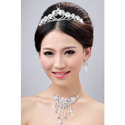 New Style Elegant Alloy Clear Crystals Flower Wedding Headpieces Necklaces Earrings Set