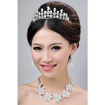 New Style Nice Alloy Clear Crystals Flower Wedding Headpieces Necklaces Earrings Set