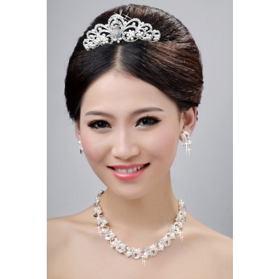 New Style Nice Alloy Clear Crystals Pearls Wedding Headpieces Necklaces Earrings Set