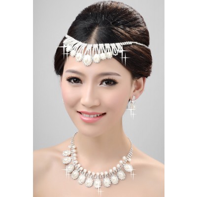 Nice Alloy Clear Crystals Pearls Wedding Headpieces Necklaces Earrings Set
