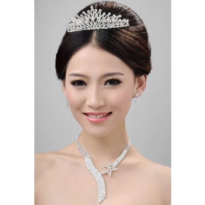 Nice Alloy Clear Crystals Wedding Headpieces Necklaces Earrings Set
