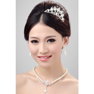 Nice Pearls Alloy Clear Crystals Wedding Headpieces Necklaces Earrings Set