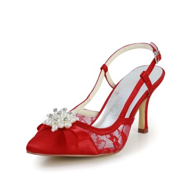 Women's Pretty Satin Stiletto Heel Sandals Closed Toe With Pearl Red Wedding Shoes