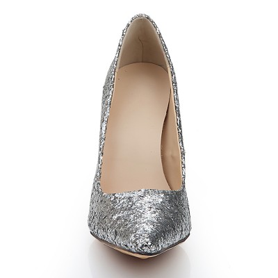 Women's Closed Toe Spool Heel Elastic Leather With Sequin Silver Wedding Shoes