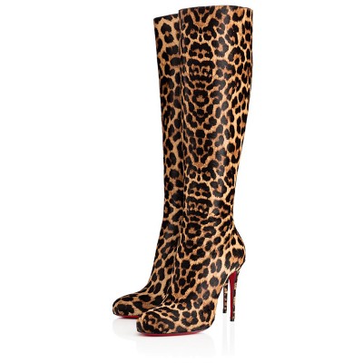 Women's Leopard Print Horsehair Stiletto Heel Knee High Heels
