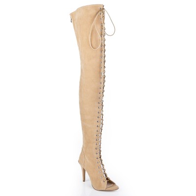 Women's Suede Stiletto Heel Peep Toe With Lace-up Over The Knee Champagne Boots