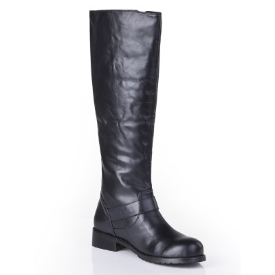 Women's Cattlehide Leather Closed Toe Kitten Heel With Buckle Mid-Calf Black Boots