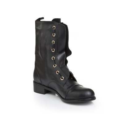 Women's Cattlehide Leather With Lace-up Kitten Heel Mid-Calf Black Boots
