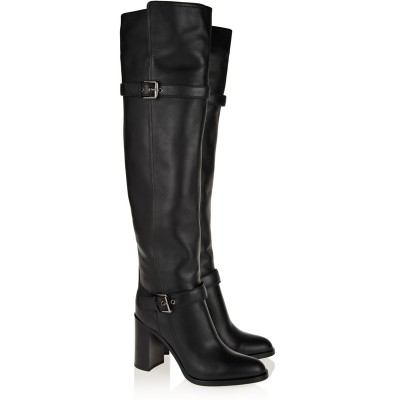 Women's Chunky Heel Cattlehide Leather With Buckle Knee High Black Boots