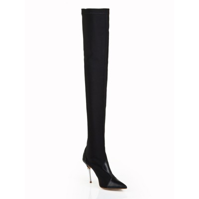 Women's Elastic Leather Stiletto Heel Closed Toe Over The Knee Black Boots