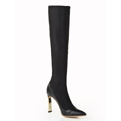 Women's Elastic Leather Stiletto Heel With Pearl Knee High Black Boots