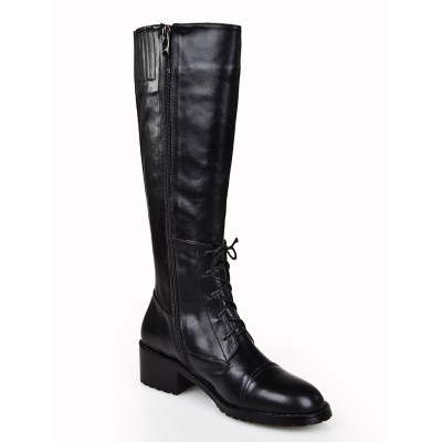 Women's Cattlehide Leather Kitten Heel Closed Toe With Zipper Knee High Black Boots