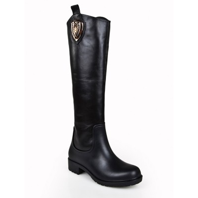 Women's Kitten Heel Closed Toe Cattlehide Leather With Rhinestone Knee High Black Boots