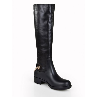 Women's Cattlehide Leather Kitten Heel Closed Toe With Chain Knee High Black Boots