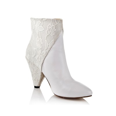 Women's Cattlehide Leather Net Cone Heel With Lace Ankle White Boots