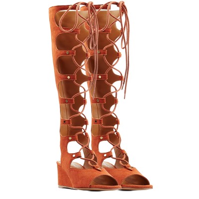 Women's Wedge Heel Peep Toe Suede With Lace-up Sandal Knee High Orange Boots
