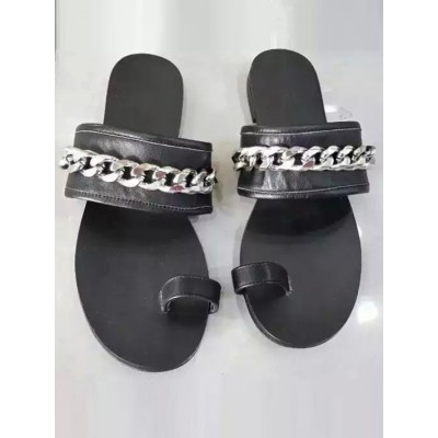 Women's Black Flat Heel Sheepskin With Chain Sandals Shoes
