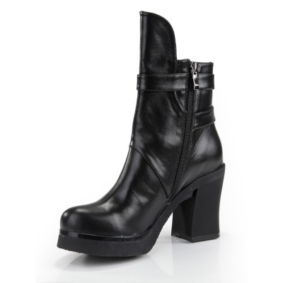 Women's Cattlehide Leather Chunky Heel Closed Toe With Zipper Mid-Calf Black Boots