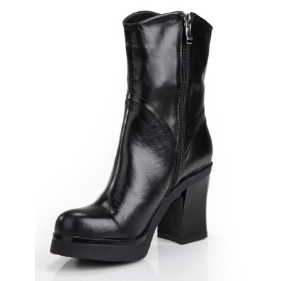 Women's Cattlehide Leather Chunky Heel Platform Closed Toe With Zipper Mid-Calf Black Boots