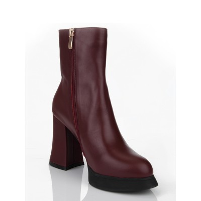 Women's Cattlehide Leather Chunky Heel Closed Toe With Zipper Mid-Calf Burgundy Boots