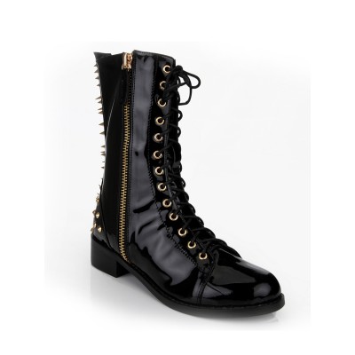 Women's Kitten Heel Closed Toe Patent Leather With Rivet Mid-Calf Black Boots