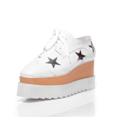 Women's Closed Toe Patent Leather Platform Wedge Heel With Lace-up White Fashion Sneakers