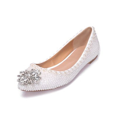 Women's Patent Leather Closed Toe Flat Heel With Pearl Rhinestone Casual Flat Shoes