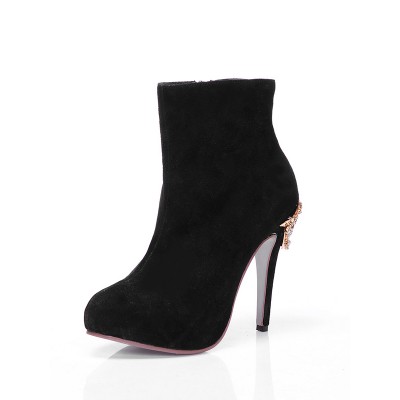 Women's Suede Closed Toe Platform Stiletto Heel With Rhinestone Ankle Black Boots