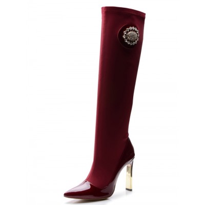 Women's Stiletto Heel Elastic Fabric Closed Toe With Rhinestone Knee High Burgundy Boots