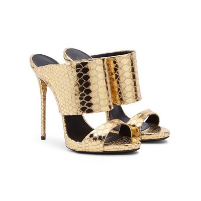 Women's Gold Sheepskin Peep Toe Stiletto Heel Sandals Shoes