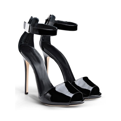 Women's Patent Leather Peep Toe Stiletto Heel With Buckle Sandals Shoes
