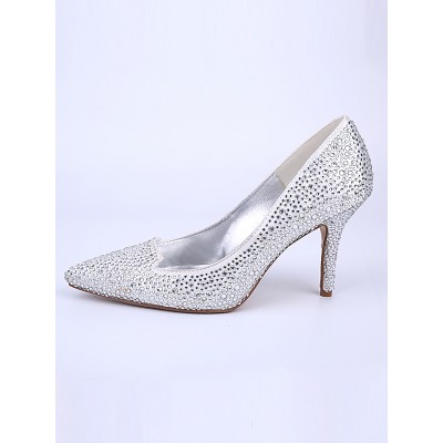 Women's Closed Toe Stiletto Heel With Crystal Silver Wedding Shoes