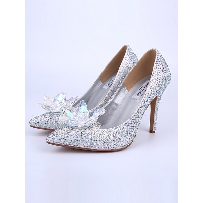 Women's Closed Toe Stiletto Heel With Crystal Flower Silver Wedding Shoes