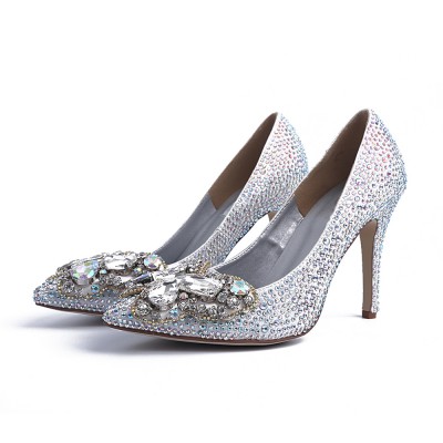 Women's Closed Toe Stiletto Heel With Rhinestone Silver Wedding Shoes
