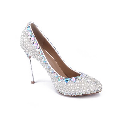 Women's Patent Leather Closed Toe Stiletto Heel With Pearl White Wedding Shoes