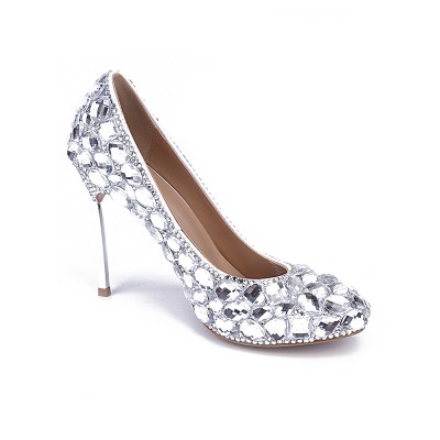 Women's Patent Leather Closed Toe Stiletto Heel With Rhinestone Silver Wedding Shoes