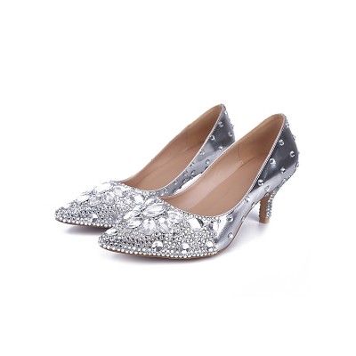 Women's Sheepskin Closed Toe Cone Heel With Rhinestone Silver Wedding Shoes