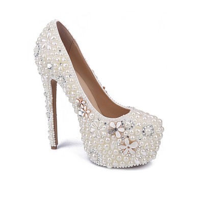 Women's Patent Leather Closed Toe Stiletto Heel With Pearl Rhinestone White Wedding Shoes