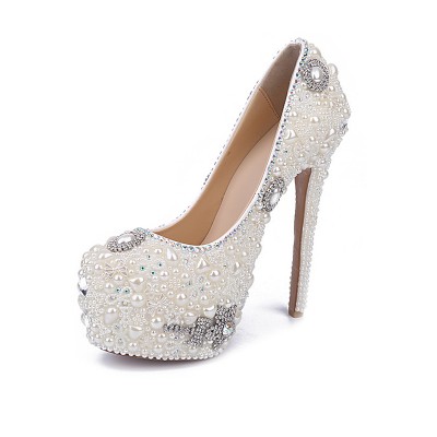 Women's Stiletto Heel Patent Leather Closed Toe With Pearl Rhinestone White Shoes