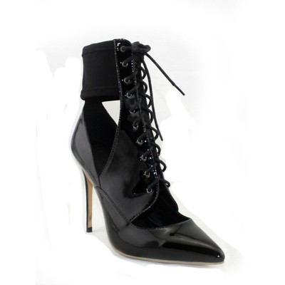 Women's Patent Leather Closed Toe Stiletto Heel With Lace Up Ankle Black Boots