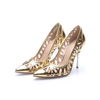 Women's Stiletto Heel Patent Leather Gold Closed Toe High Heels