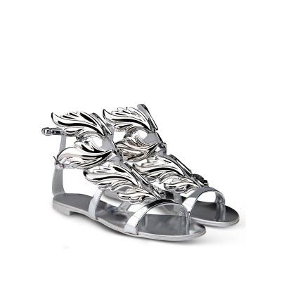 Women's Silver Patent Leather Peep Toe Flat Heel Casual Sandals Shoes