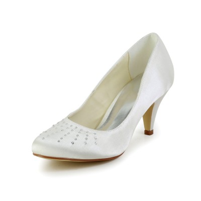 Women's Satin Closed Toe Cone Heel Ivory Wedding Shoes With Rhinestone