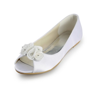 Women's Satin Flat Heel Peep Toe Sandals White Wedding Shoes With Satin Flower