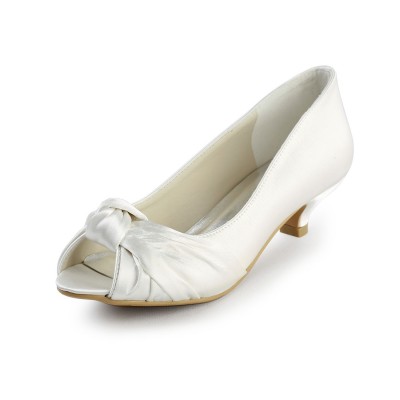 Women's Satin Kitten Heel Peep Toe Sandals White Wedding Shoes With Bowknot