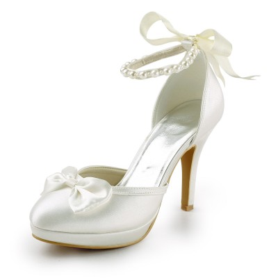 Women's Satin Stiletto Heel Closed Toe Platform Pumps White Wedding Shoes With Bowknot