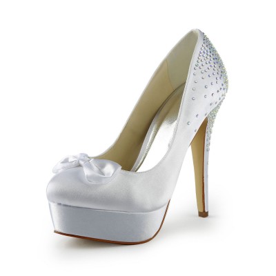 Women's Satin Stiletto Heel Closed Toe Platform White Wedding Shoes With Bowknot