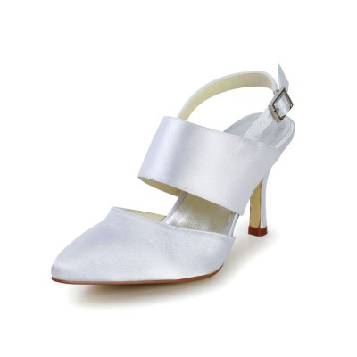 Women's Satin Stiletto Heel Closed Toe With Buckle White Wedding Shoes